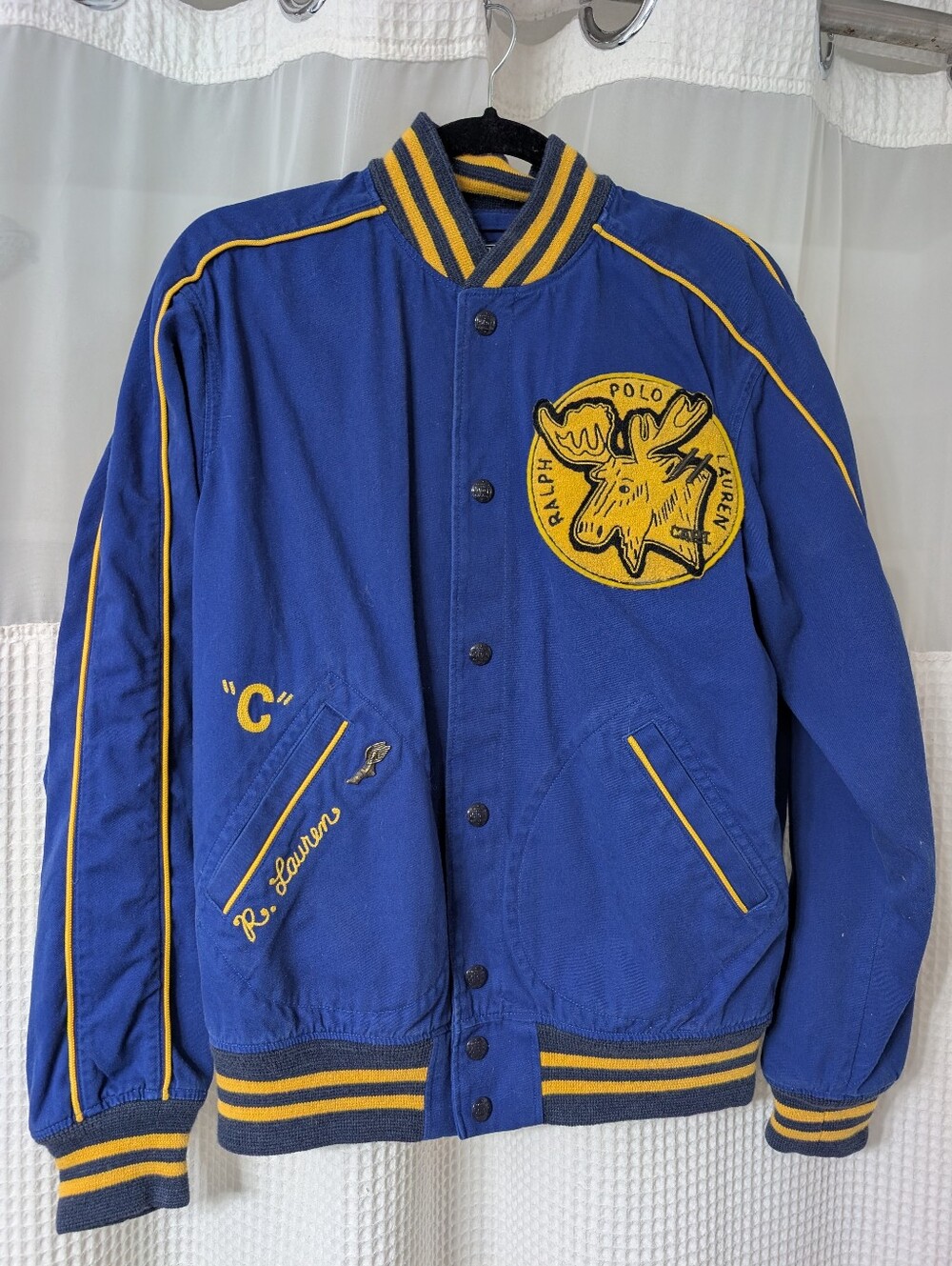 Men's Sz Small Ralph Lauren Blue and Yellow Polo Moose Patch Varsity Jacket